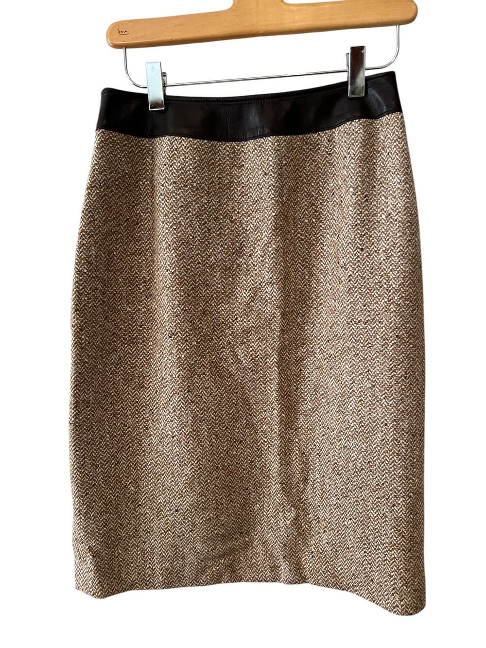 Lafayette 148 New York Leather Trim Pencil Skirt Speckled Brown Herringbone 6
